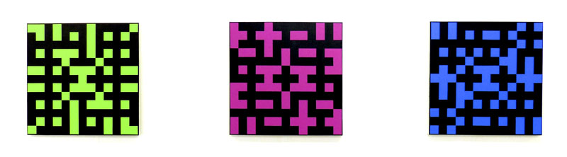 Philip Bradshaw, Crossword paintings, Installation view,  ACW003 (GREEN, BLACK), ACW001 (PINK, BLACK) and ACW002 (BLUE, BLACK), 2013